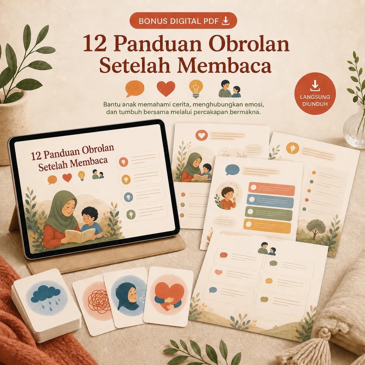 Mockup PDF bonus 12 panduan obrolan setelah membaca di tablet dan lembar siap cetak
