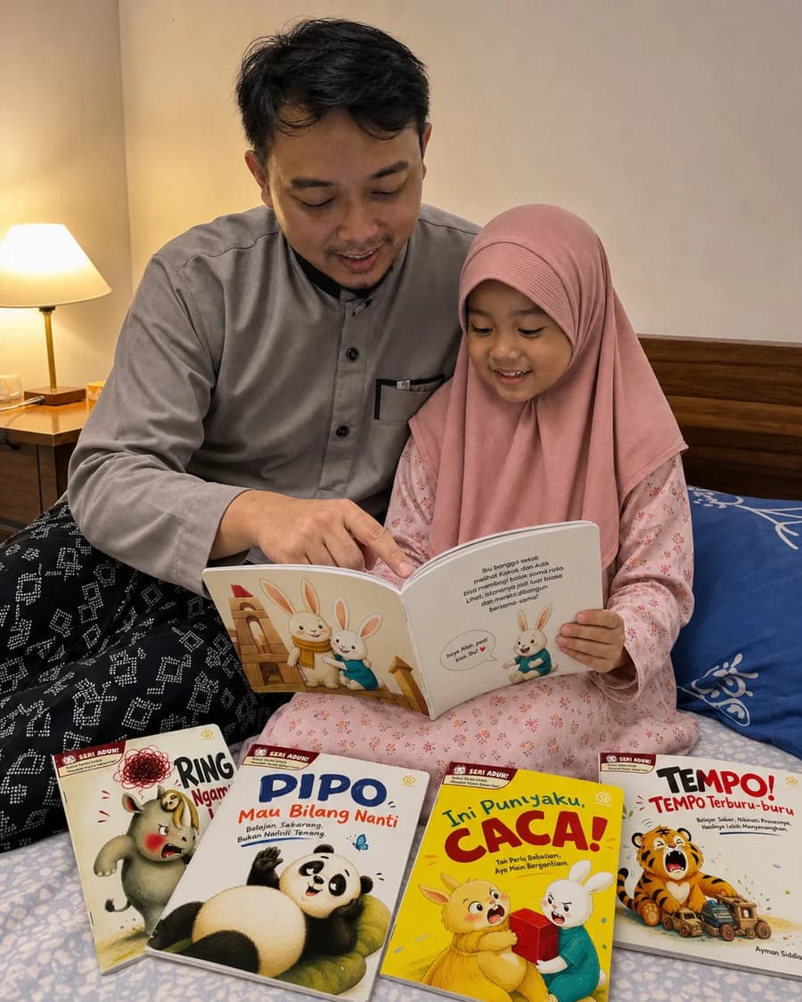 Ilustrasi suasana ayah dan anak membaca buku Seri Aduh yang terbuka sebelum tidur