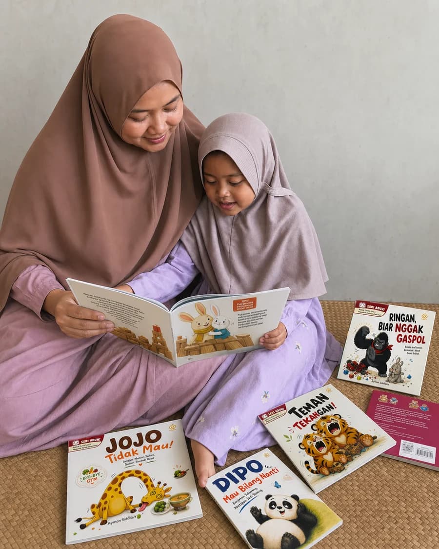 Ilustrasi suasana ibu dan anak perempuan berhijab membaca buku Seri Aduh yang terbuka