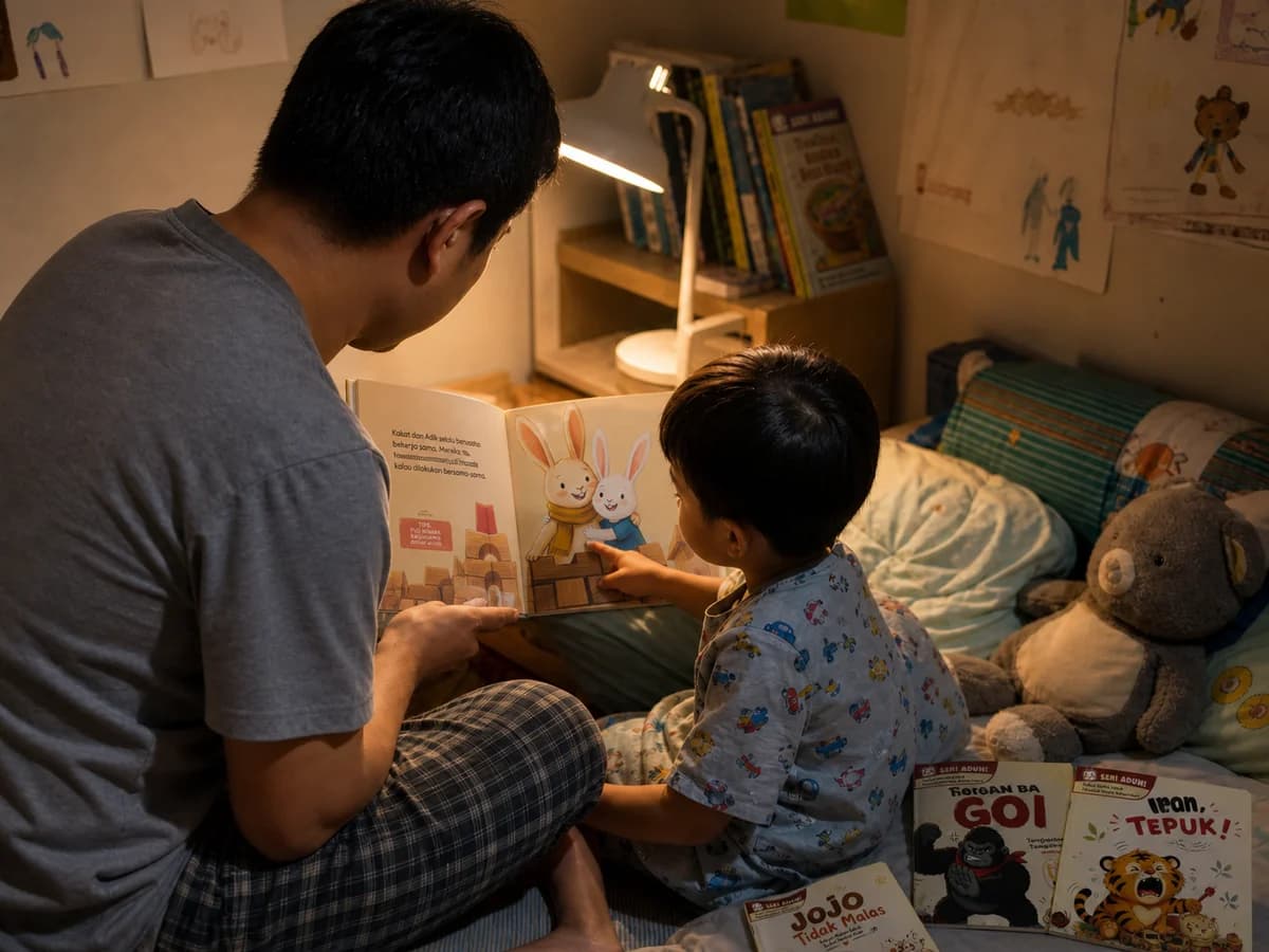 Ilustrasi ayah dan anak membaca buku Seri Aduh yang terbuka sebelum tidur
