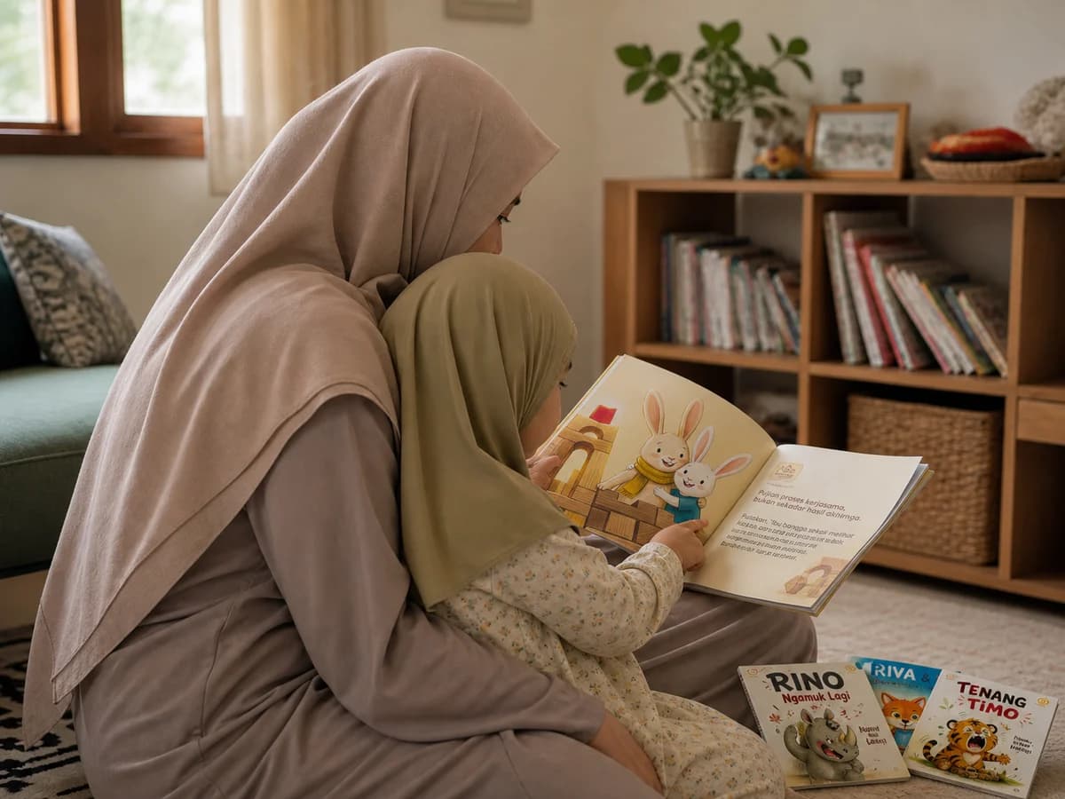 Ilustrasi ibu dan anak berhijab membaca buku Seri Aduh yang terbuka pada siang hari